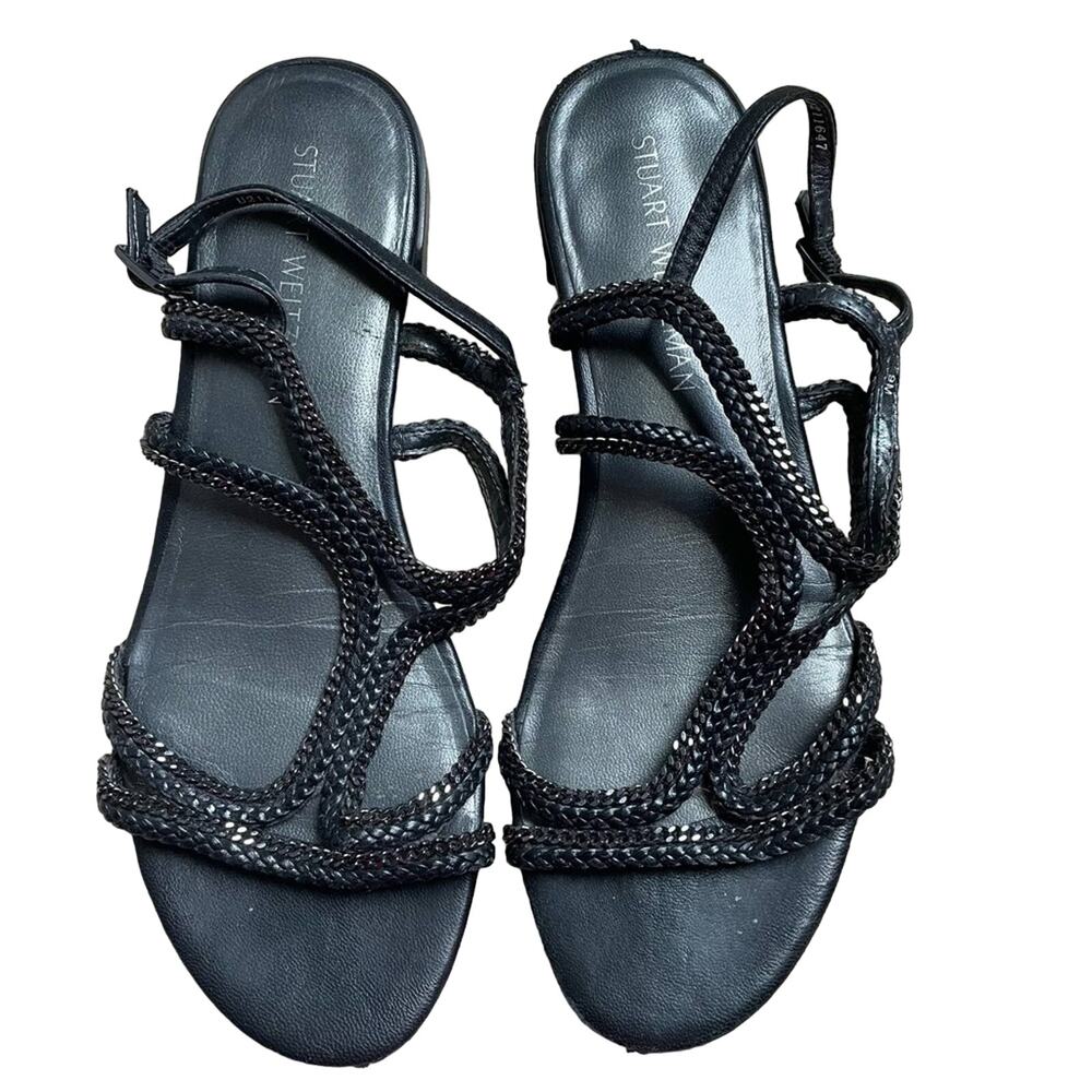 Stuart Weitzman black braided leather and chain sandals Size 9
